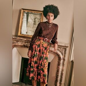 Sezane Brown and Orange Floral Midi Skirt